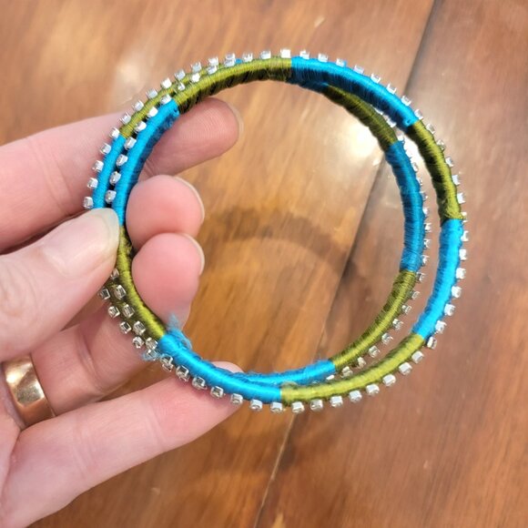 Rich India Turquoise Blue/Green Satin Crystal Fabric Wrapped Brass Bangle - Picture 4 of 7